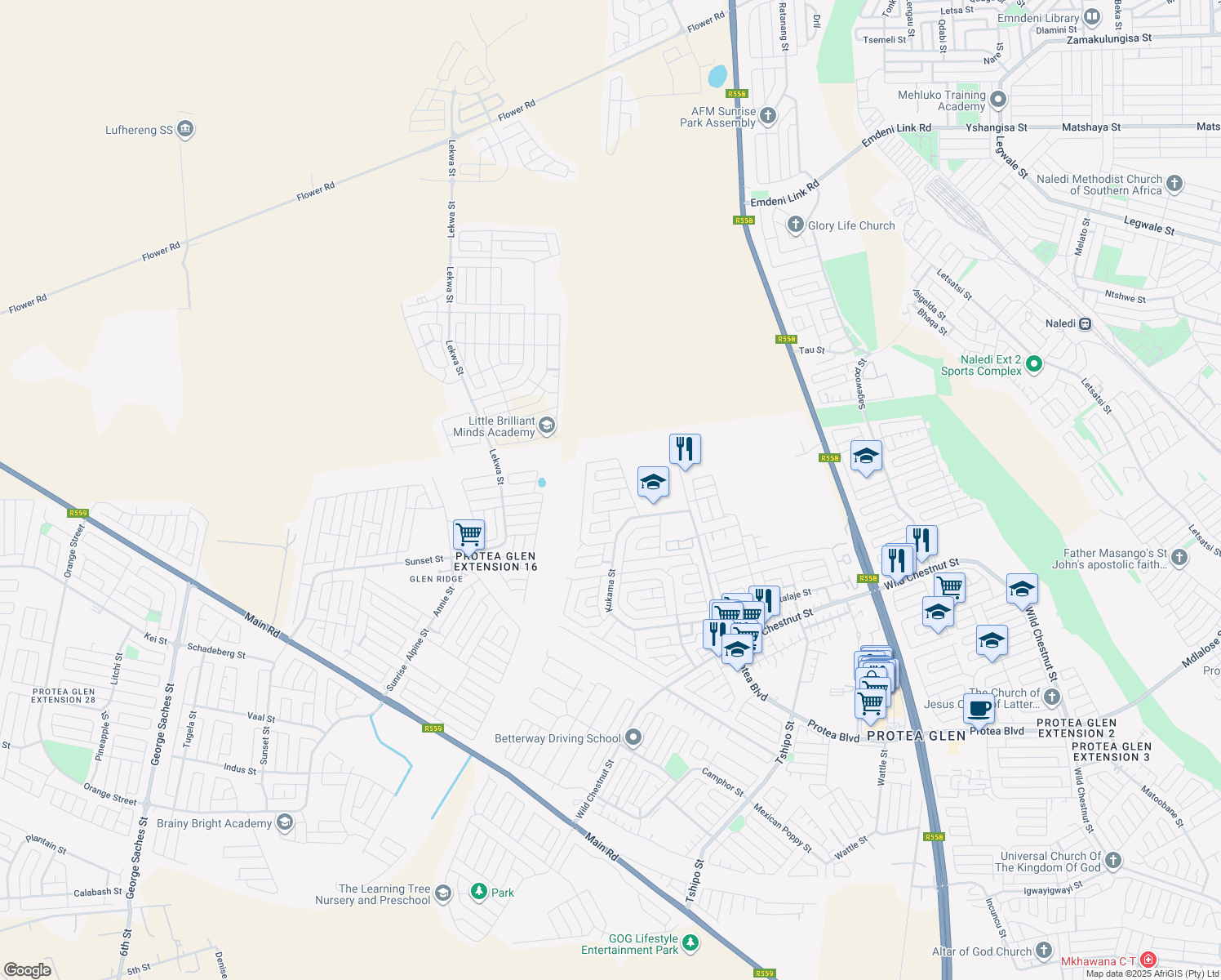map of restaurants, bars, coffee shops, grocery stores, and more near 11 Protea Glen Extension in Soweto
