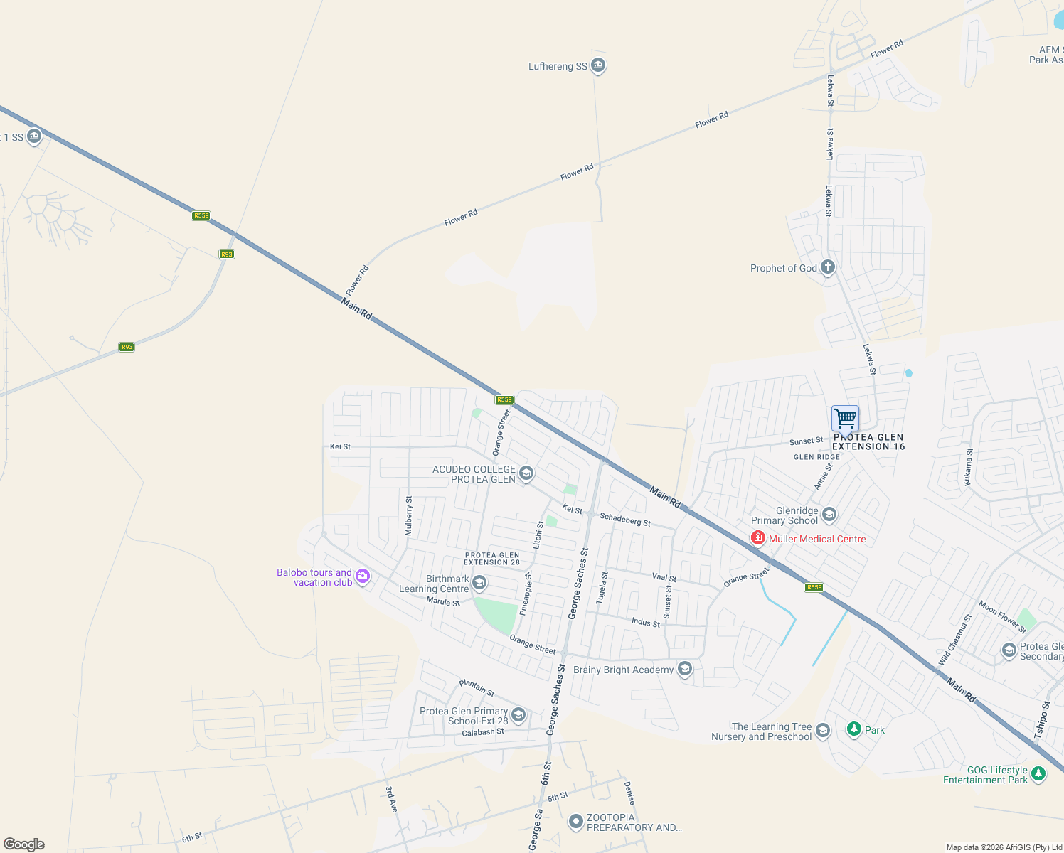 map of restaurants, bars, coffee shops, grocery stores, and more near 29 Protea Glen Extension in Soweto