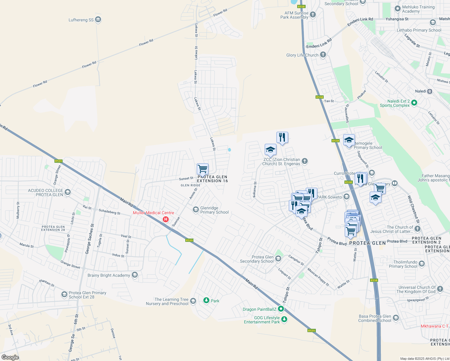 map of restaurants, bars, coffee shops, grocery stores, and more near in Soweto
