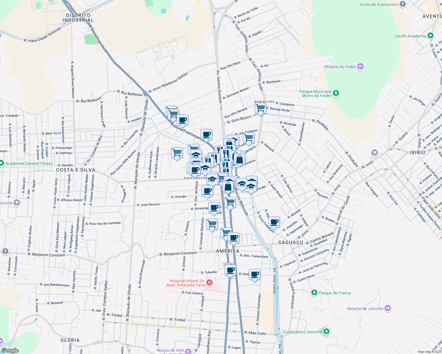 map of restaurants, bars, coffee shops, grocery stores, and more near 3000 Rua Blumenau in Joinville