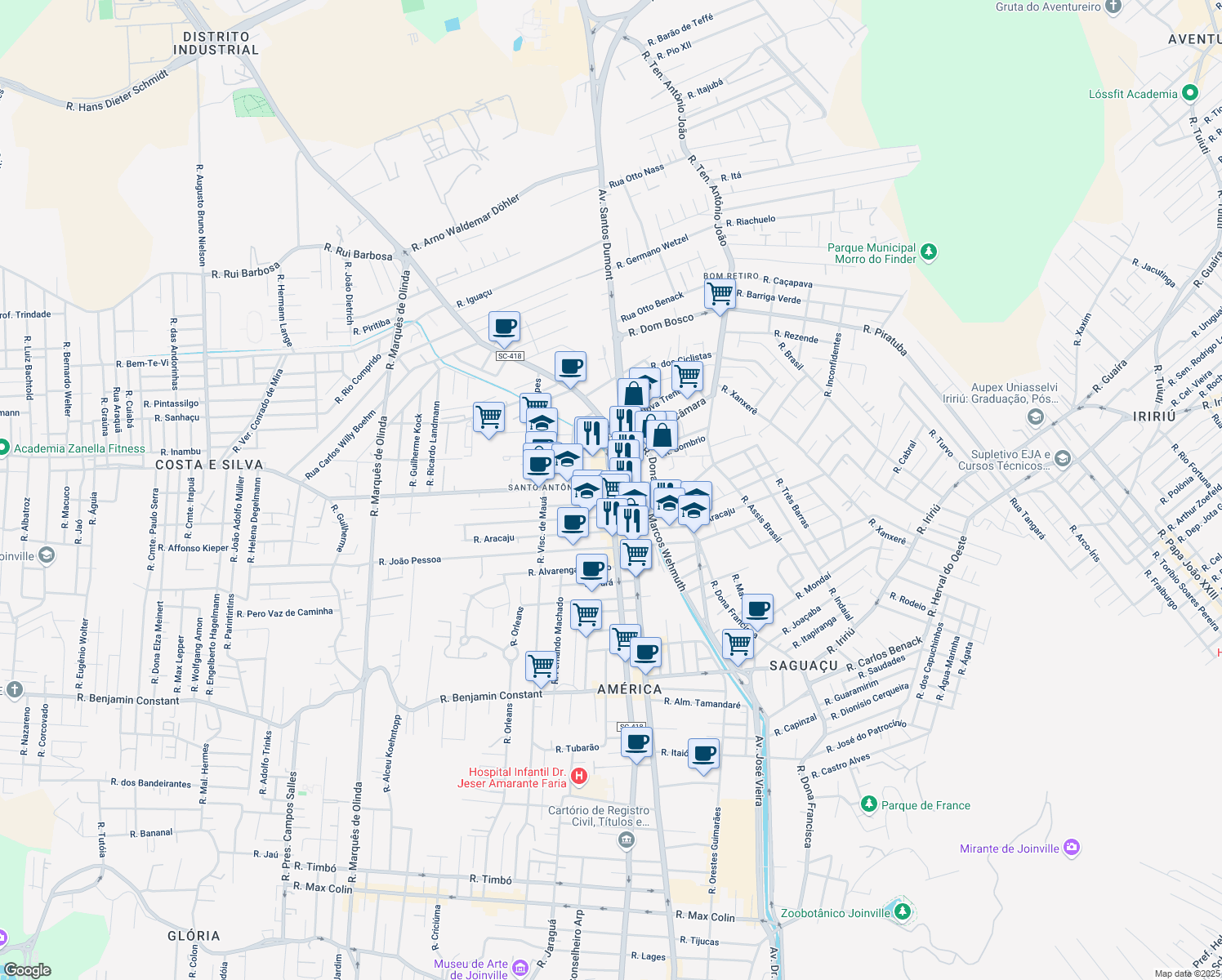 map of restaurants, bars, coffee shops, grocery stores, and more near 3000 Rua Blumenau in Joinville