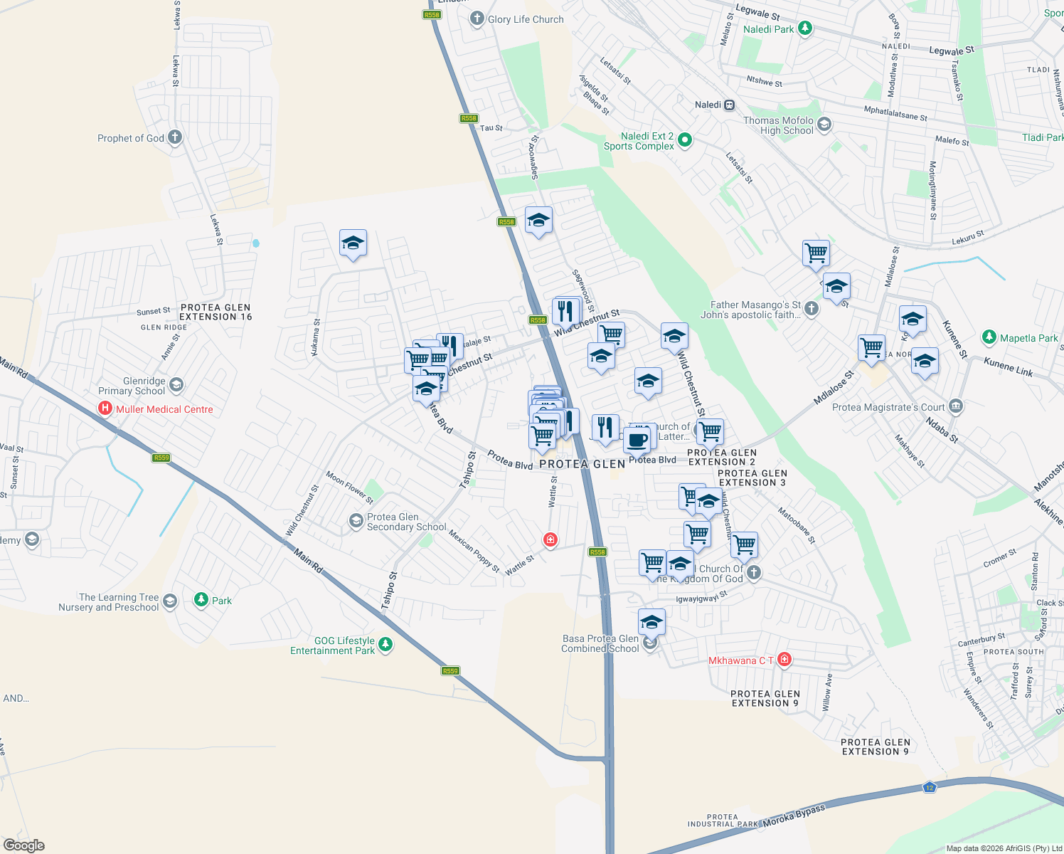 map of restaurants, bars, coffee shops, grocery stores, and more near in Soweto