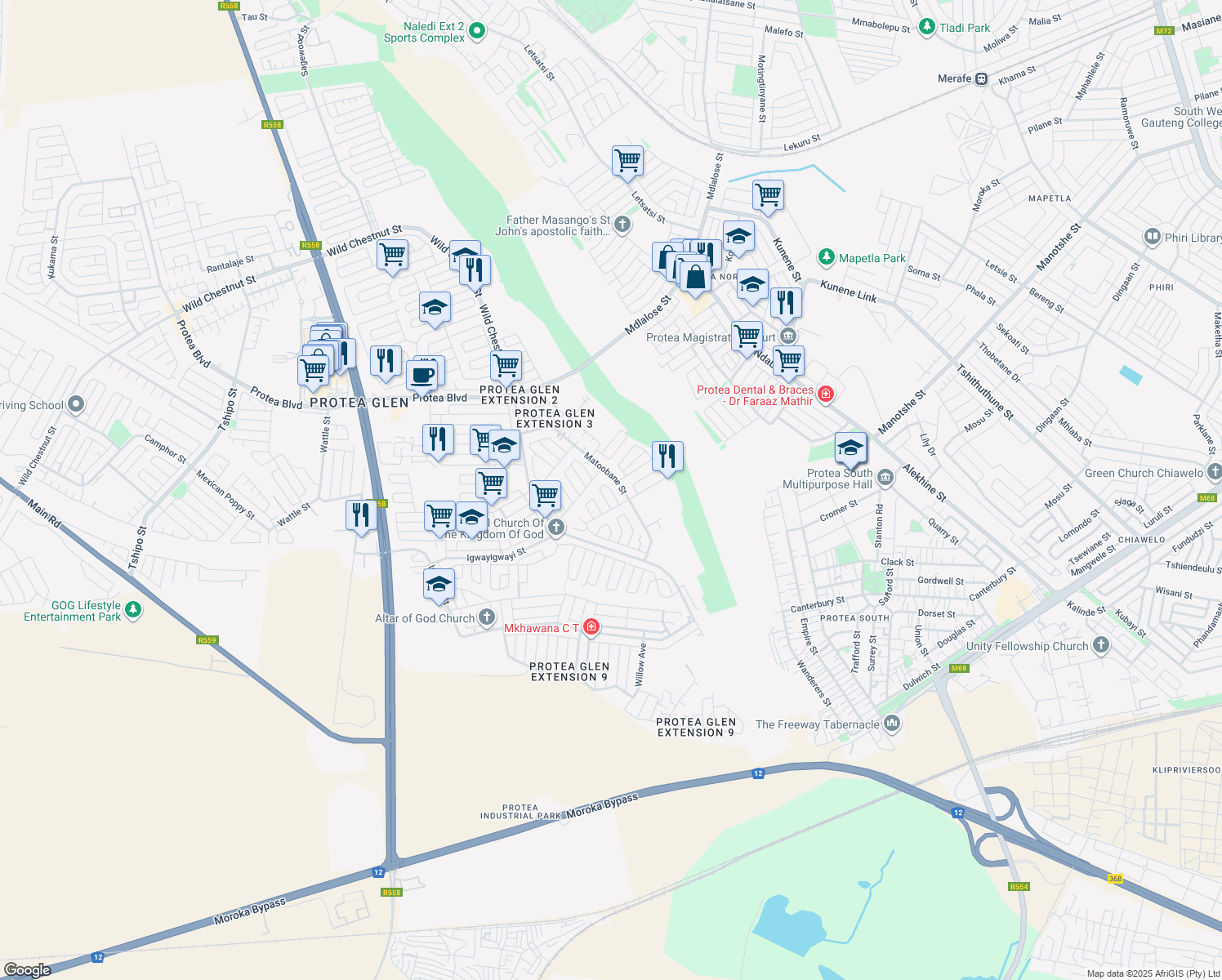 map of restaurants, bars, coffee shops, grocery stores, and more near 4 Protea Glen Extension in Soweto