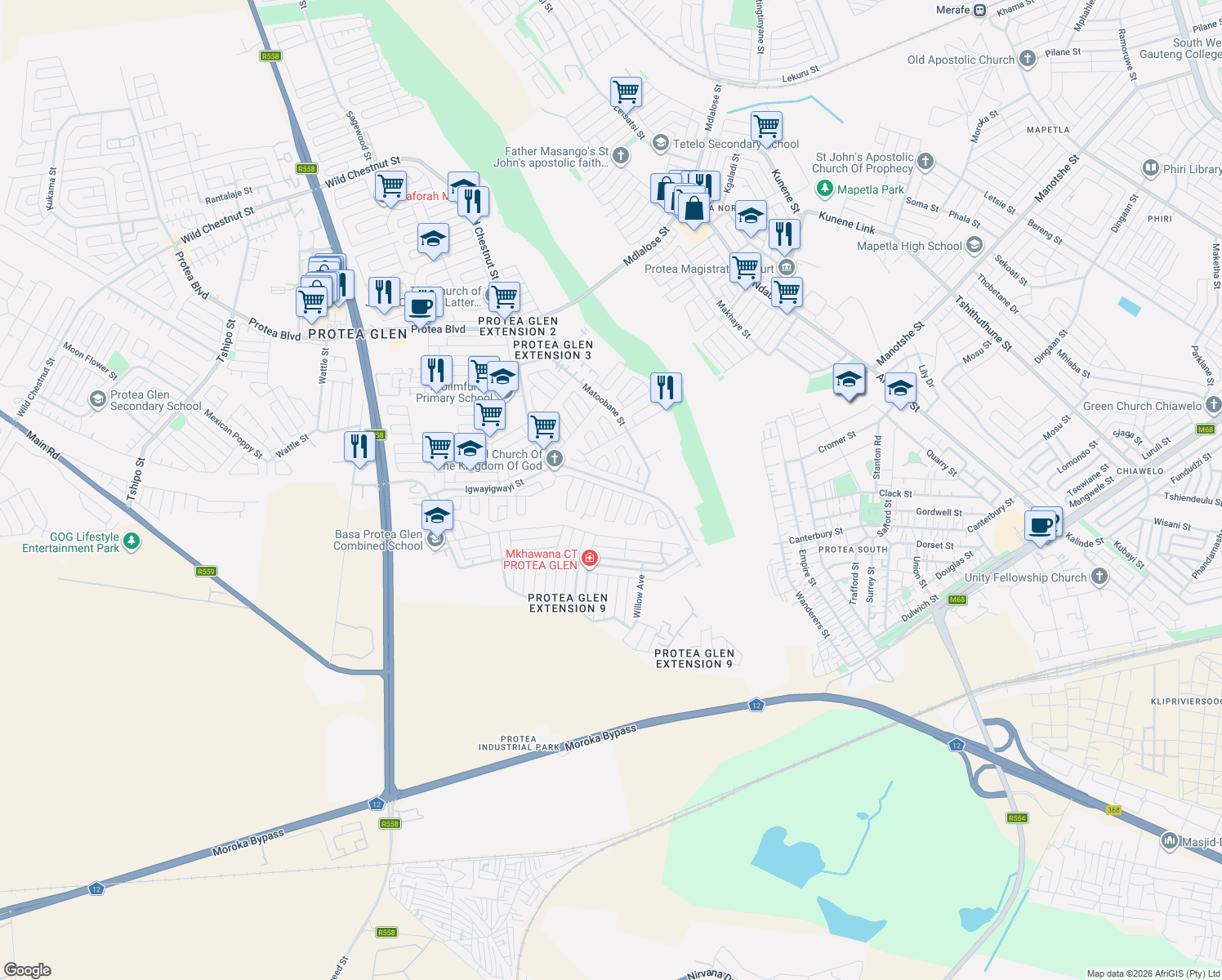 map of restaurants, bars, coffee shops, grocery stores, and more near 4 Protea Glen Extension in Soweto