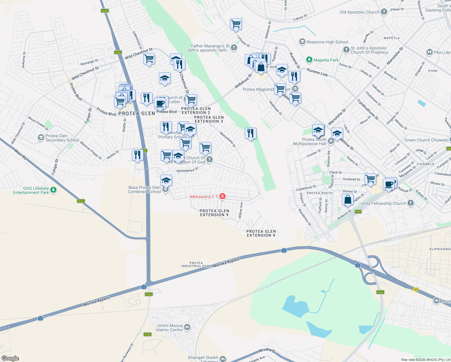 map of restaurants, bars, coffee shops, grocery stores, and more near 8 Protea Glen Extension in Soweto