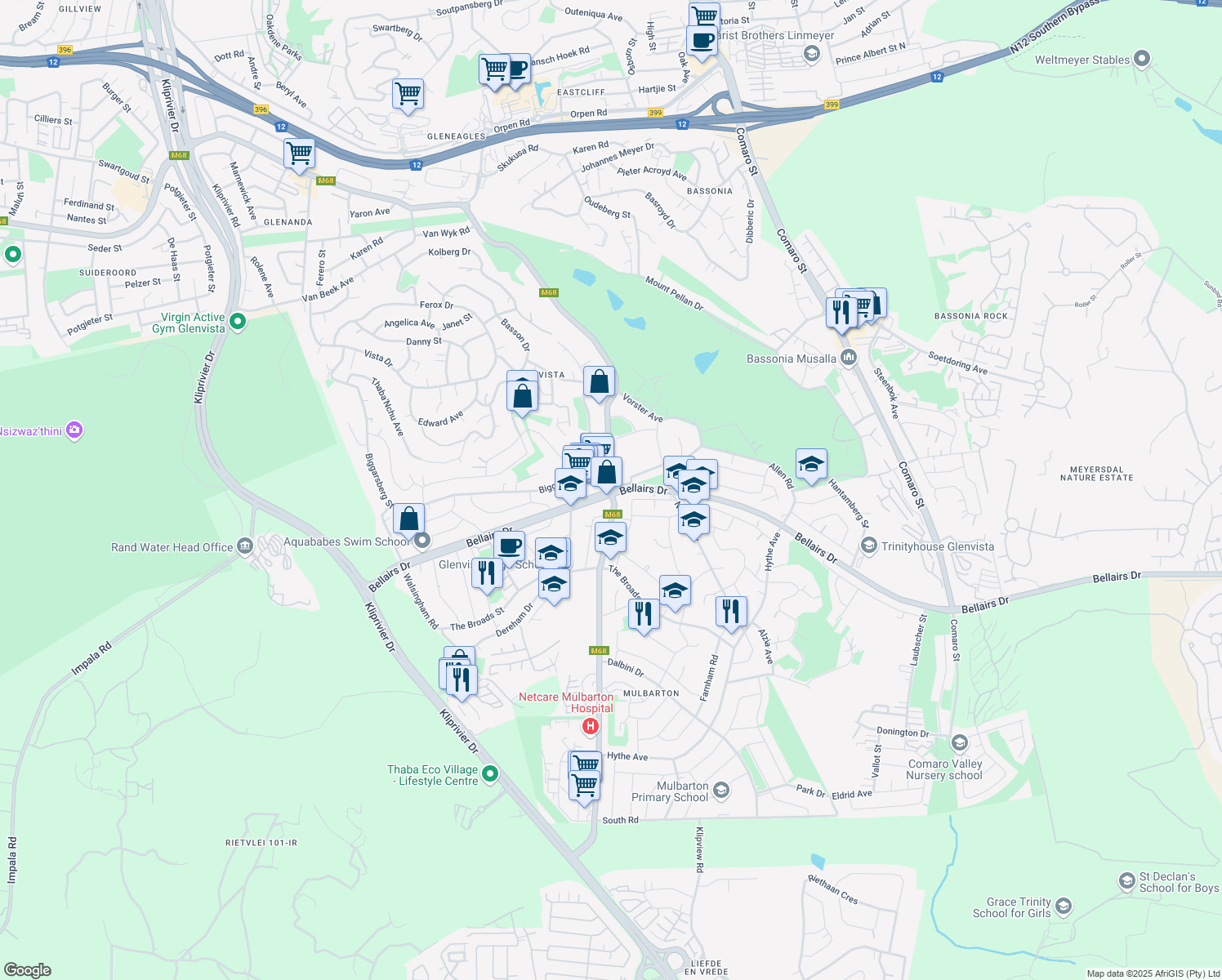 map of restaurants, bars, coffee shops, grocery stores, and more near in Johannesburg South