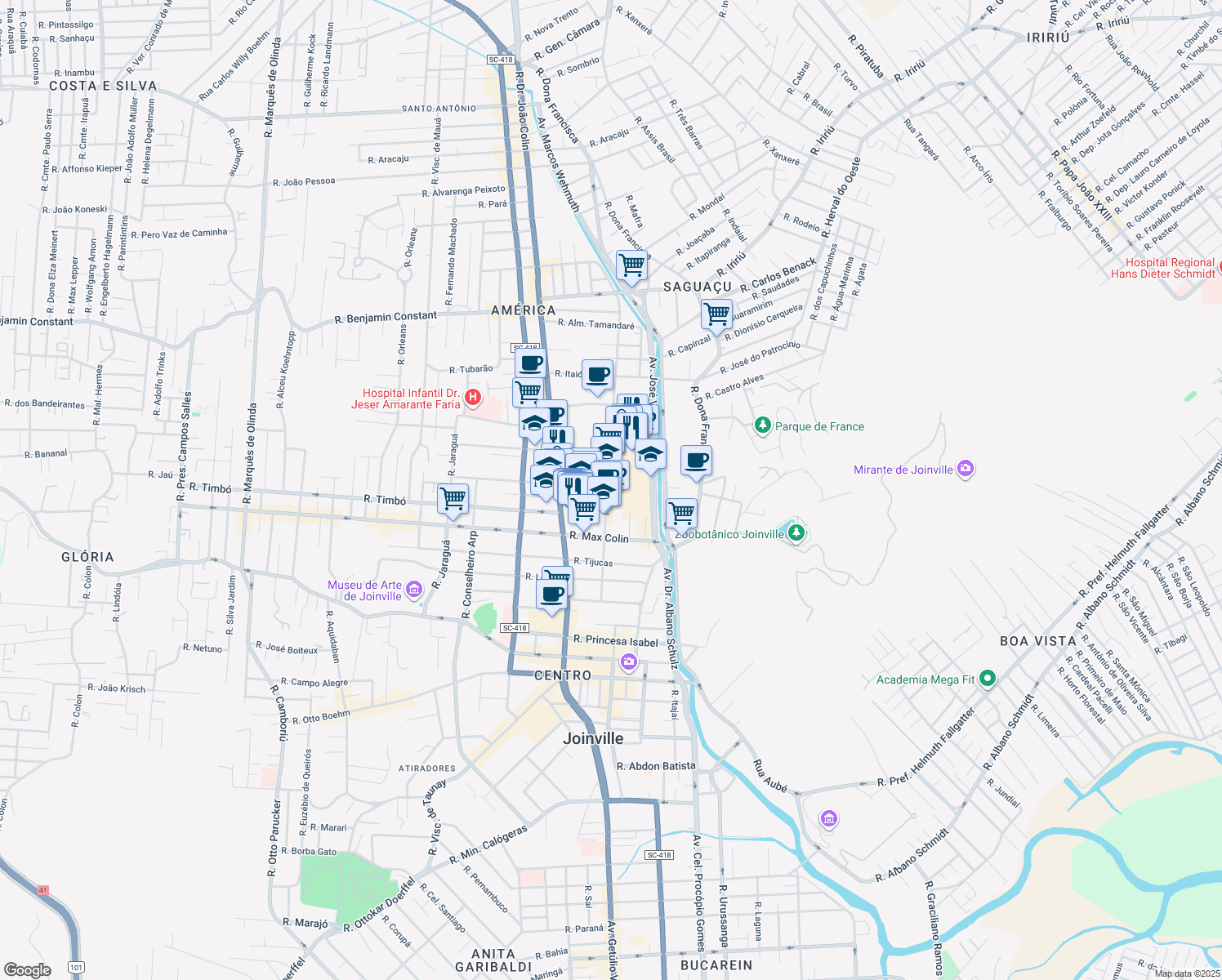 map of restaurants, bars, coffee shops, grocery stores, and more near 538 Rua Orestes Guimarães in Joinville