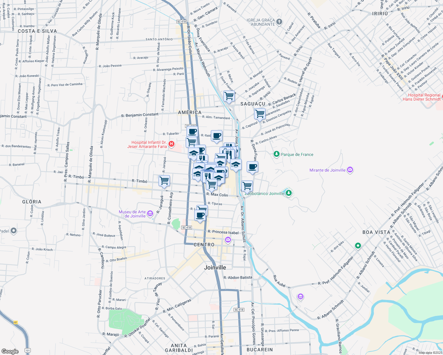 map of restaurants, bars, coffee shops, grocery stores, and more near 538 Rua Orestes Guimarães in Joinville