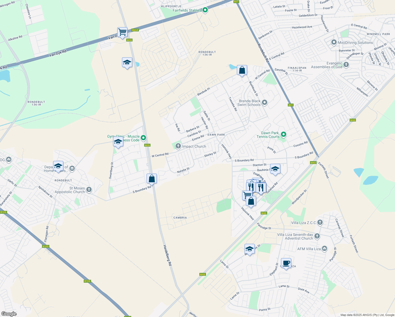 map of restaurants, bars, coffee shops, grocery stores, and more near 84 Shirley Street in Boksburg