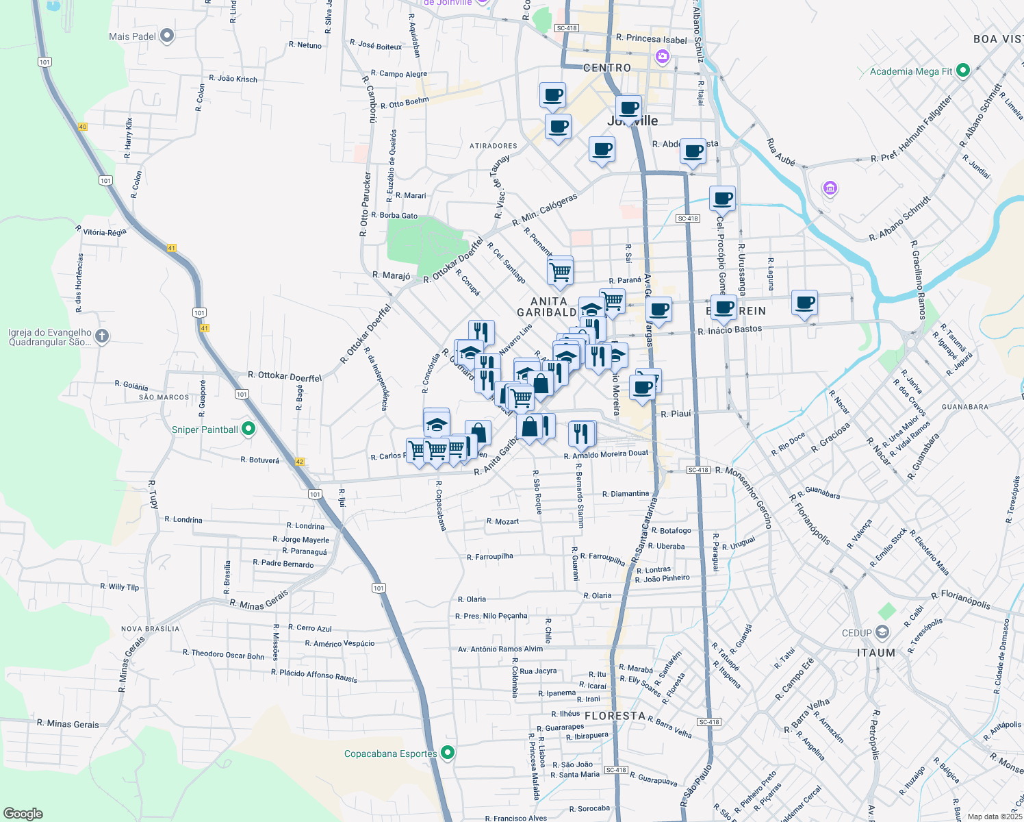 map of restaurants, bars, coffee shops, grocery stores, and more near 961 Rua Gothard Kaesemodel in Joinville