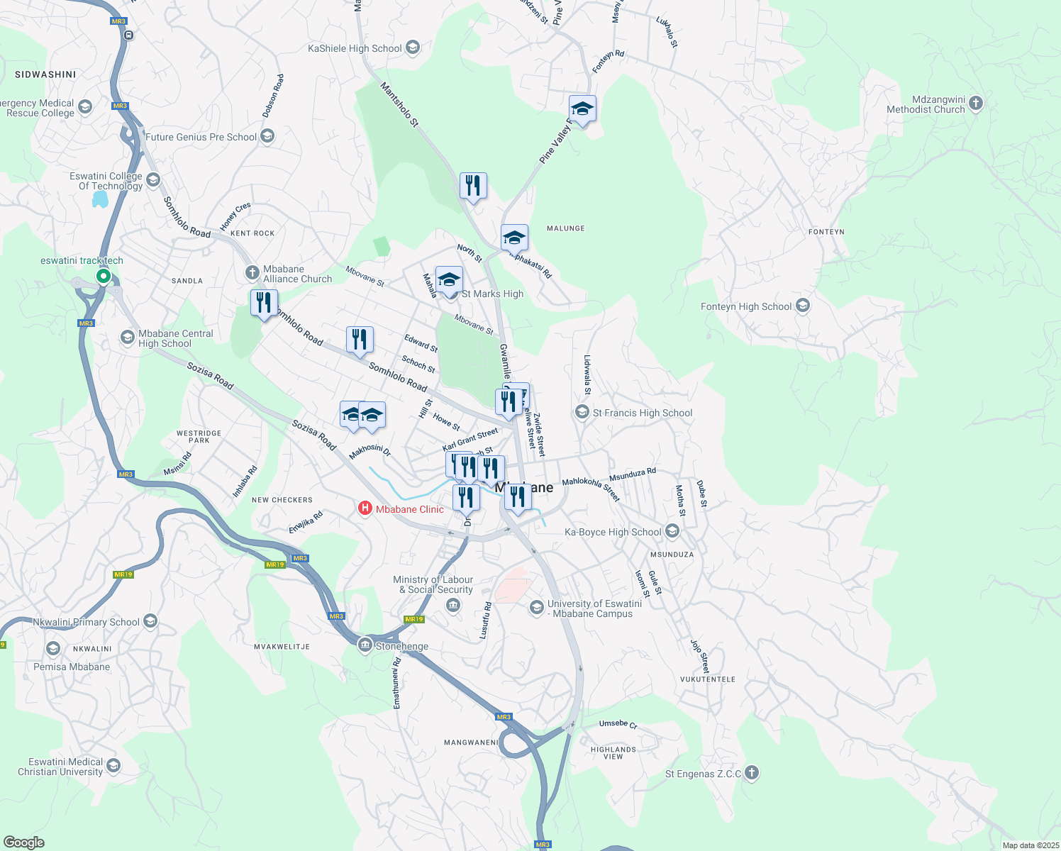 map of restaurants, bars, coffee shops, grocery stores, and more near Dzeliwe Street in Mbabane