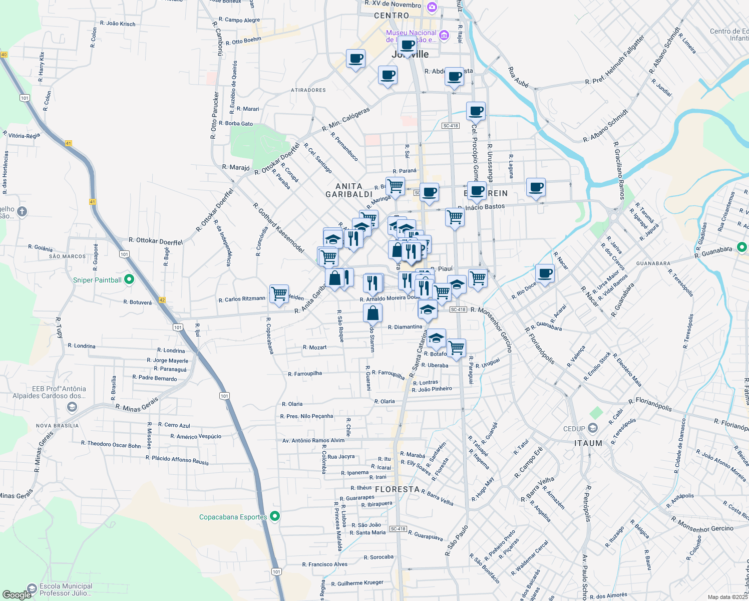 map of restaurants, bars, coffee shops, grocery stores, and more near 445 Rua Arnaldo Moreira Douat in Joinville