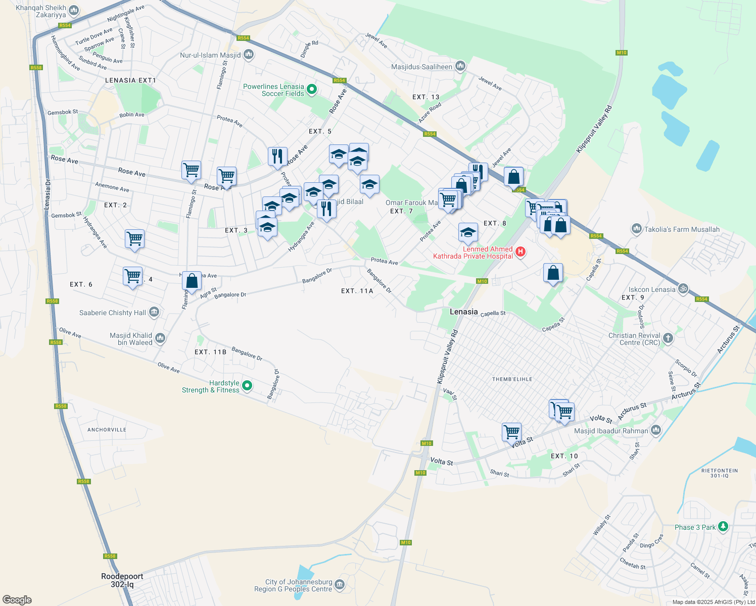map of restaurants, bars, coffee shops, grocery stores, and more near in Lenasia