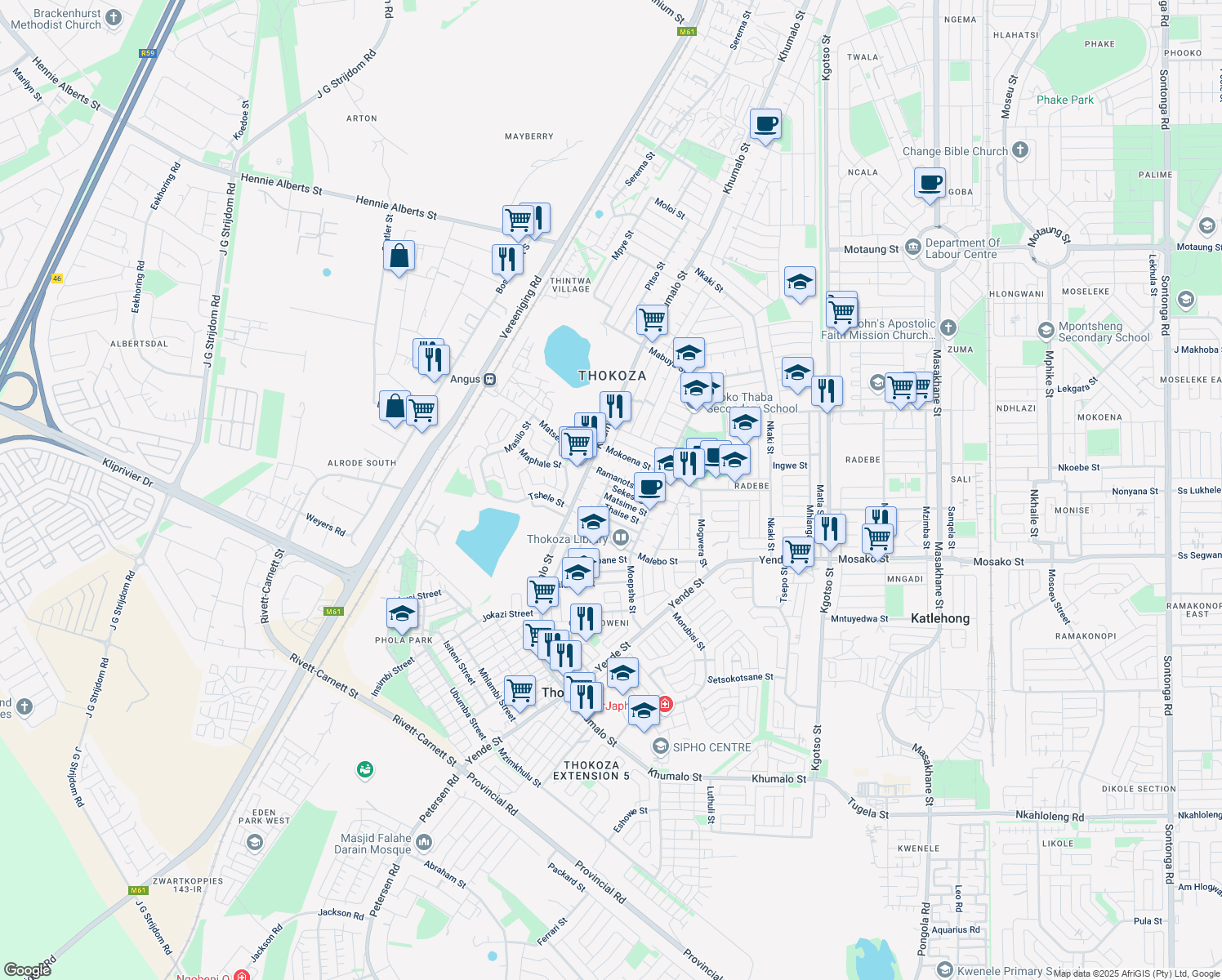 map of restaurants, bars, coffee shops, grocery stores, and more near 7080 Sekesi Street in Thokoza