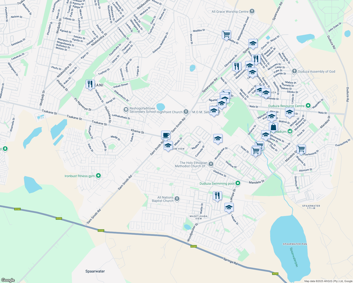 map of restaurants, bars, coffee shops, grocery stores, and more near 1212 Jasmine Street in Brakpan
