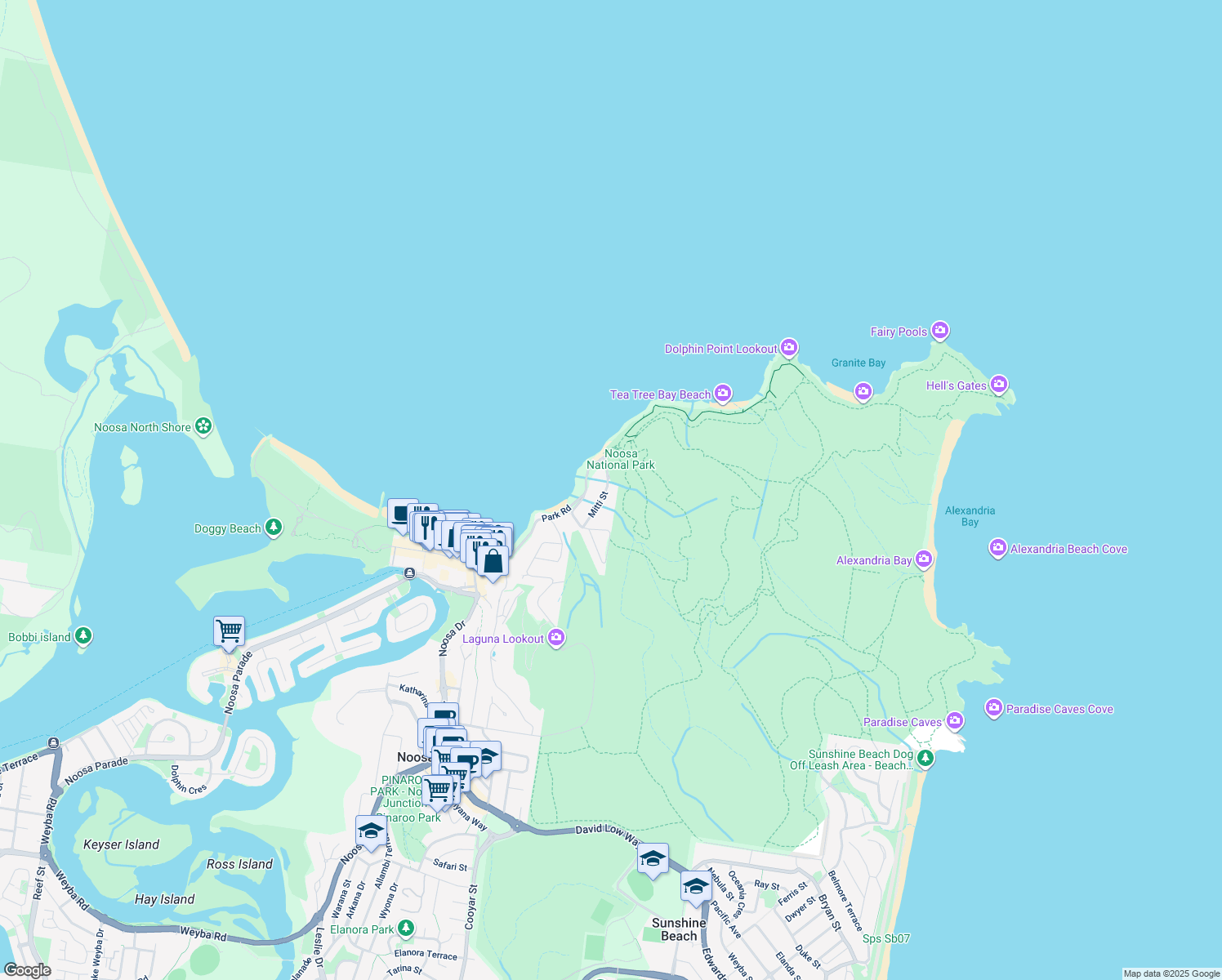 map of restaurants, bars, coffee shops, grocery stores, and more near 28 Mitti Street in Noosa Heads