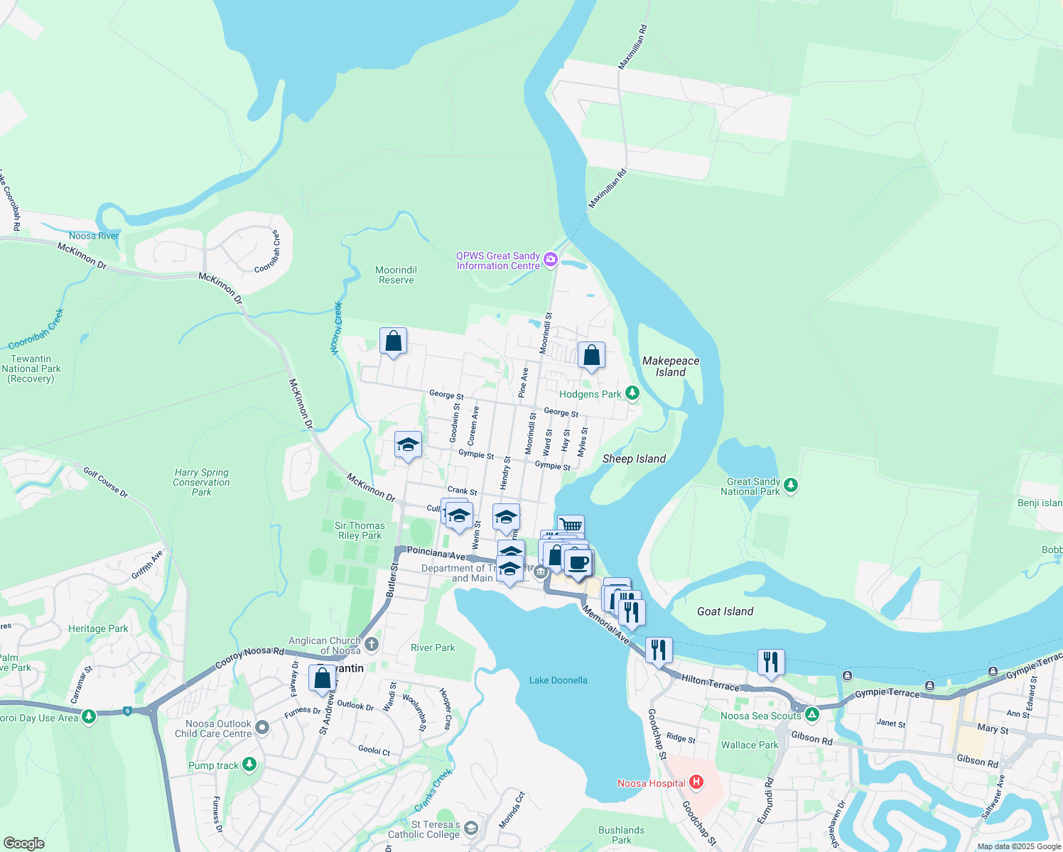 map of restaurants, bars, coffee shops, grocery stores, and more near Moorindil Street in Tewantin