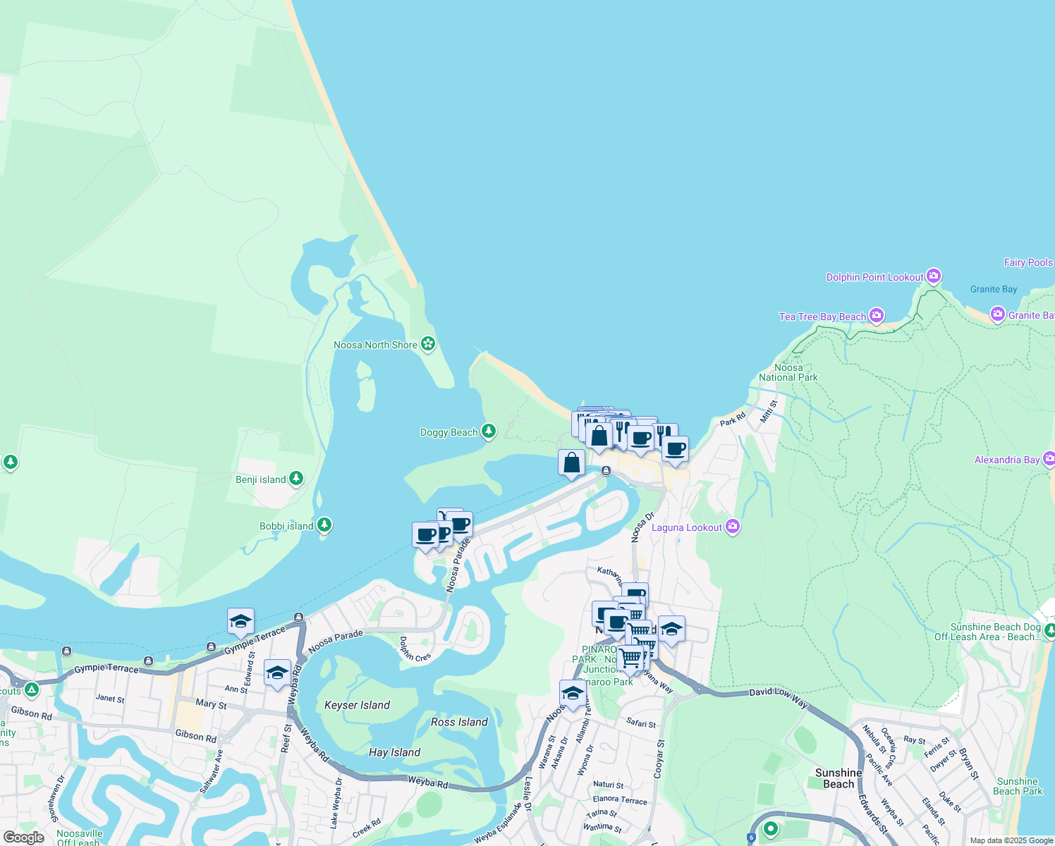map of restaurants, bars, coffee shops, grocery stores, and more near Claude Batten Drive in Noosa Heads