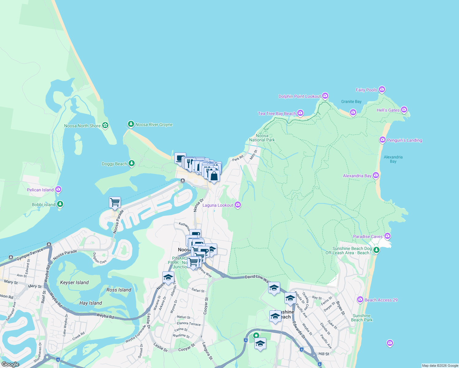 map of restaurants, bars, coffee shops, grocery stores, and more near 76-78 Hastings Street in Noosa Heads