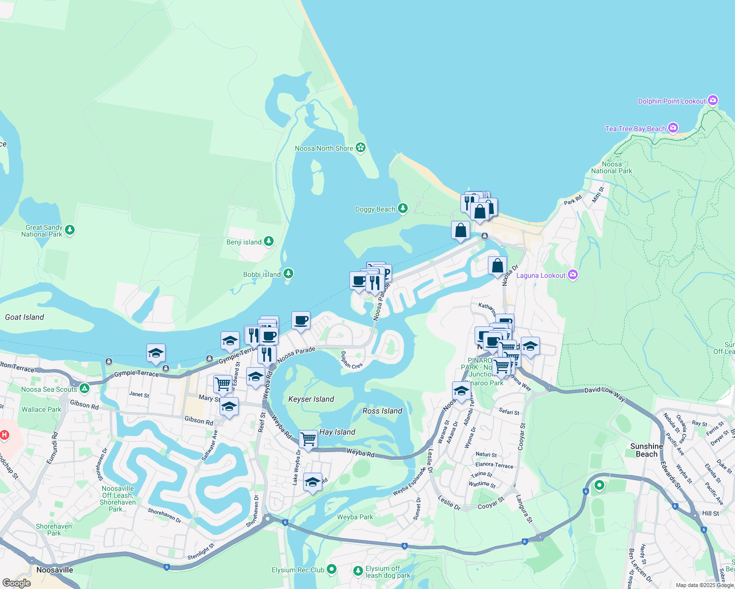 map of restaurants, bars, coffee shops, grocery stores, and more near Quamby Place in Noosa Heads