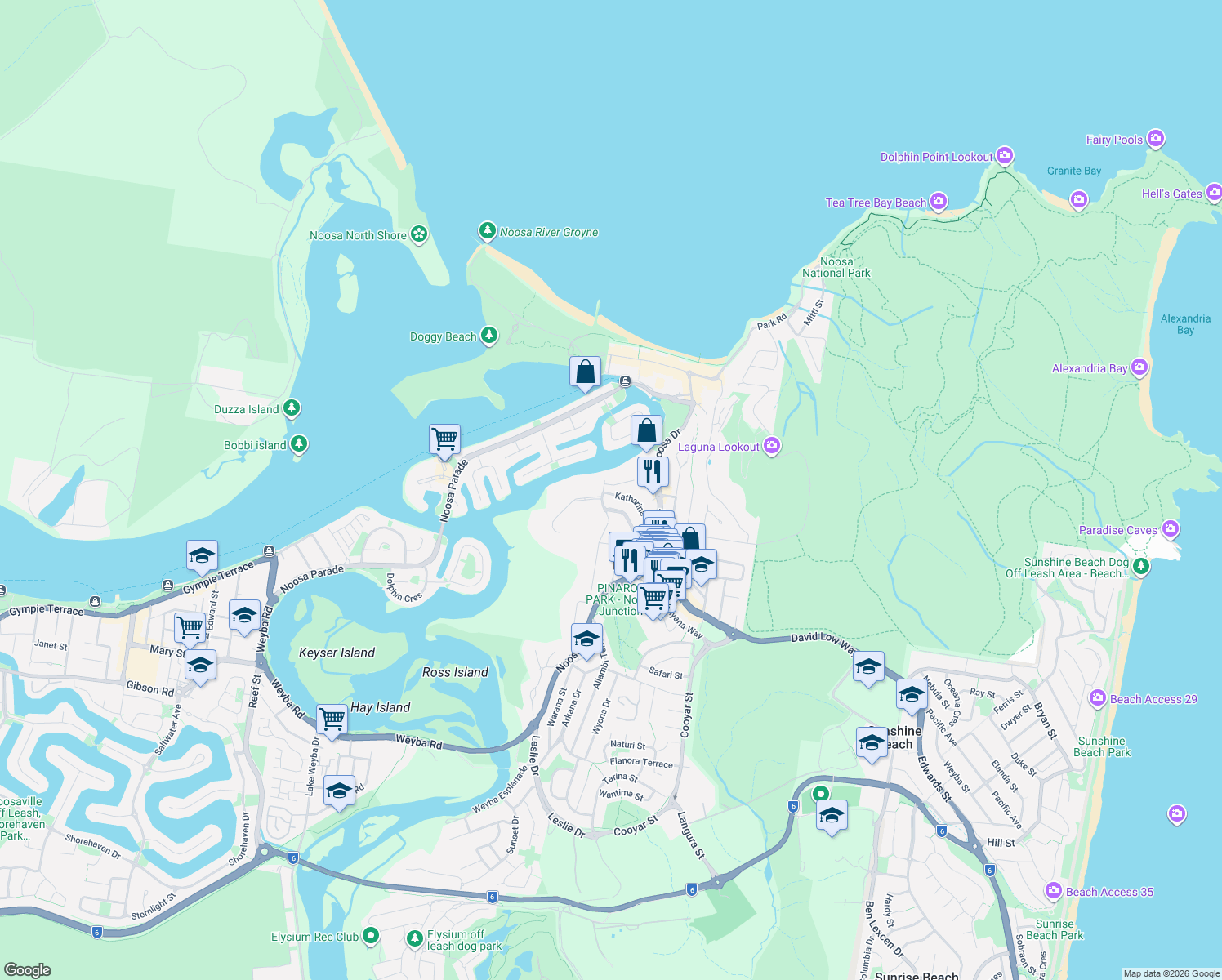 map of restaurants, bars, coffee shops, grocery stores, and more near 34-38 Katharina Street in Noosa Heads