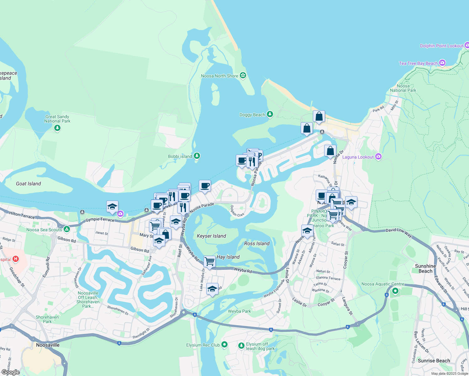 map of restaurants, bars, coffee shops, grocery stores, and more near 18 Munna Crescent in Noosaville