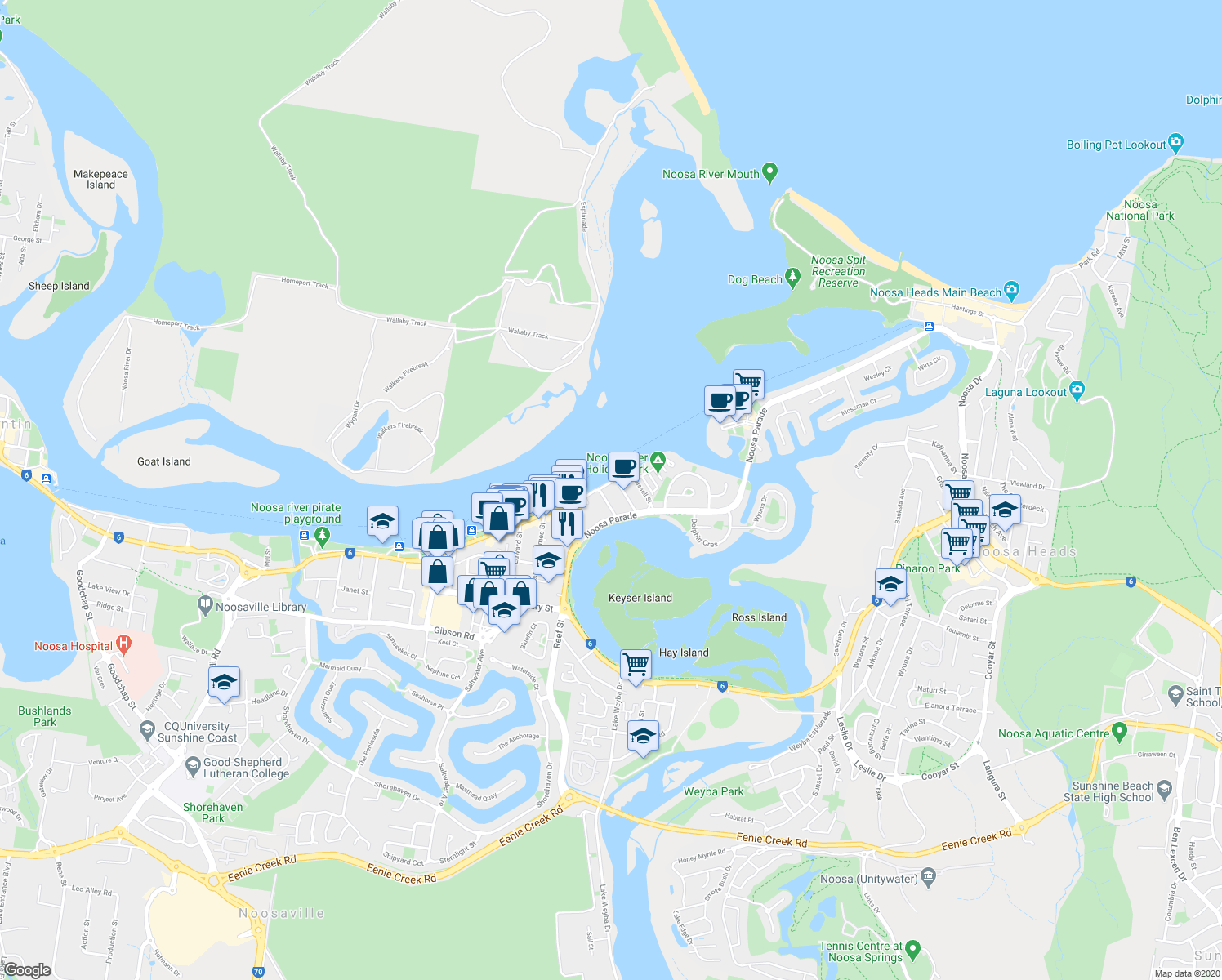map of restaurants, bars, coffee shops, grocery stores, and more near 303 Gympie Terrace in Noosaville