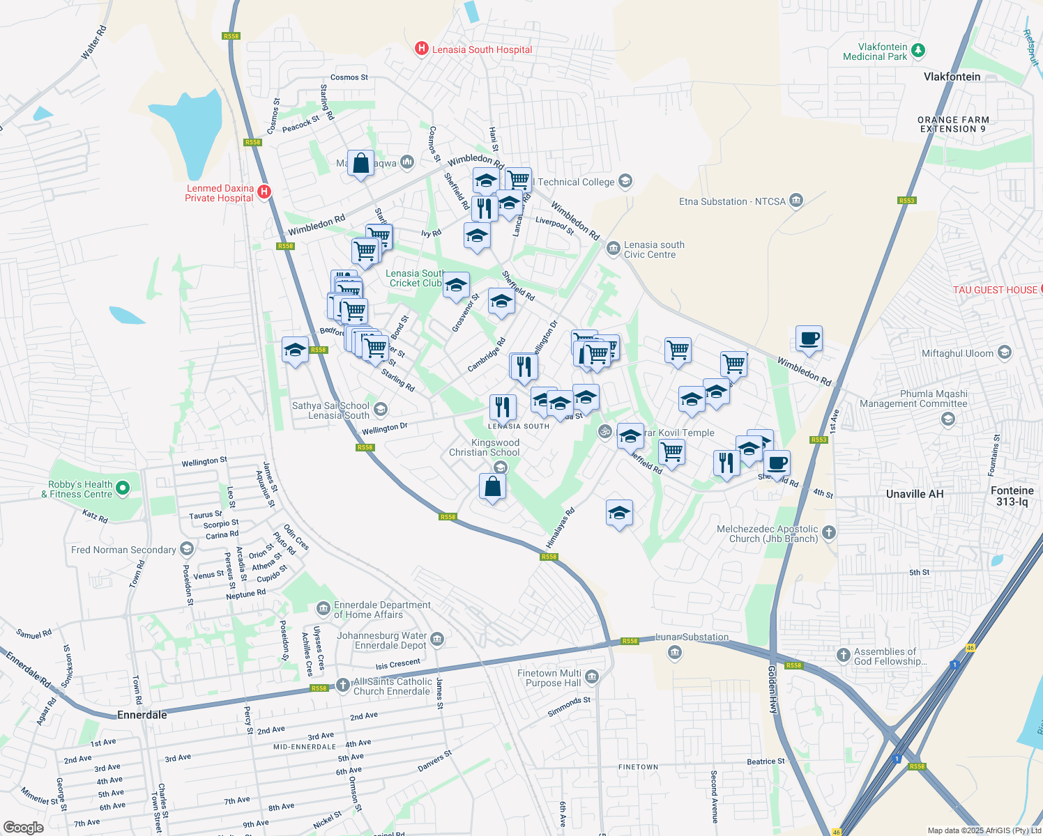 map of restaurants, bars, coffee shops, grocery stores, and more near Stellenberg Street in Lenasia South