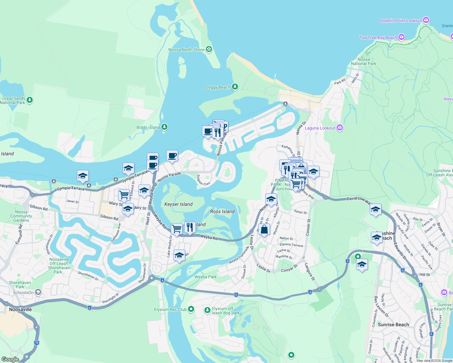 map of restaurants, bars, coffee shops, grocery stores, and more near 65 Wyuna Drive in Noosaville
