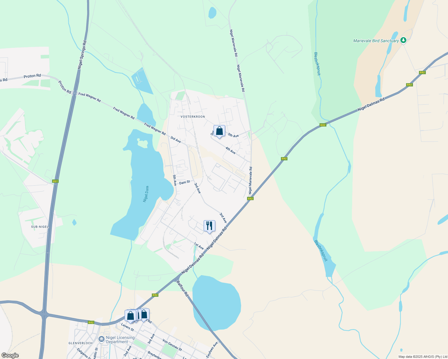 map of restaurants, bars, coffee shops, grocery stores, and more near in Nigel