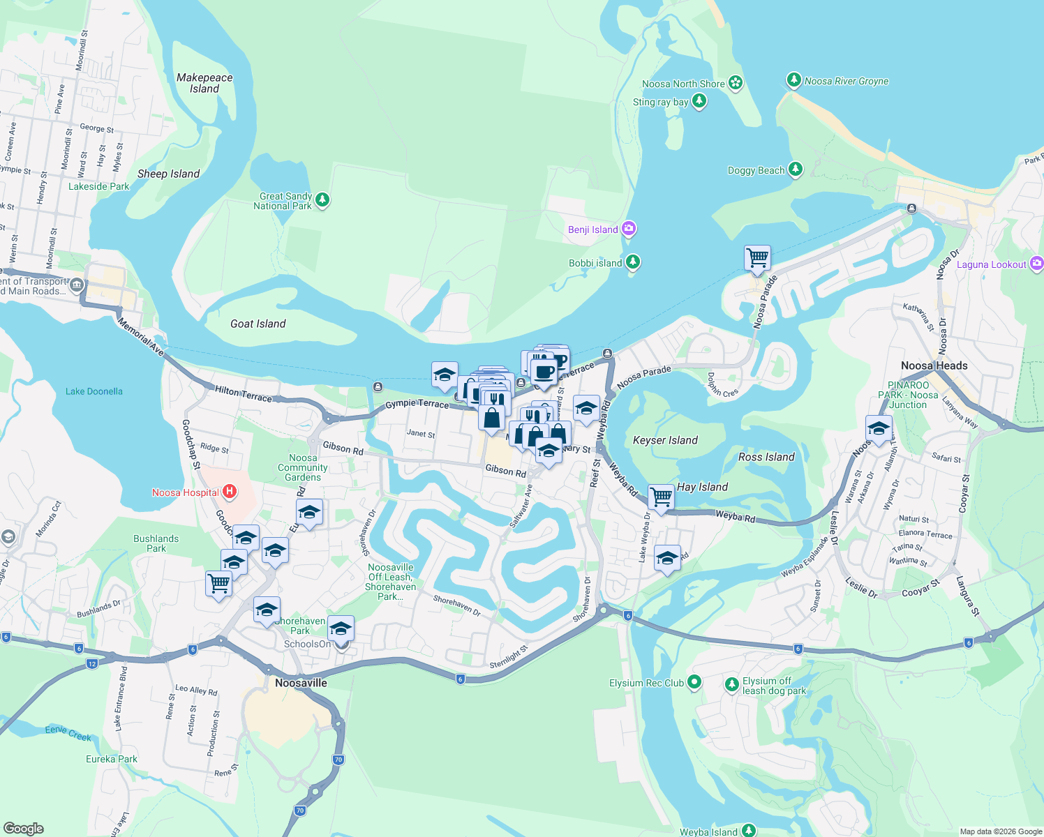 map of restaurants, bars, coffee shops, grocery stores, and more near 3 Ann Street in Noosaville
