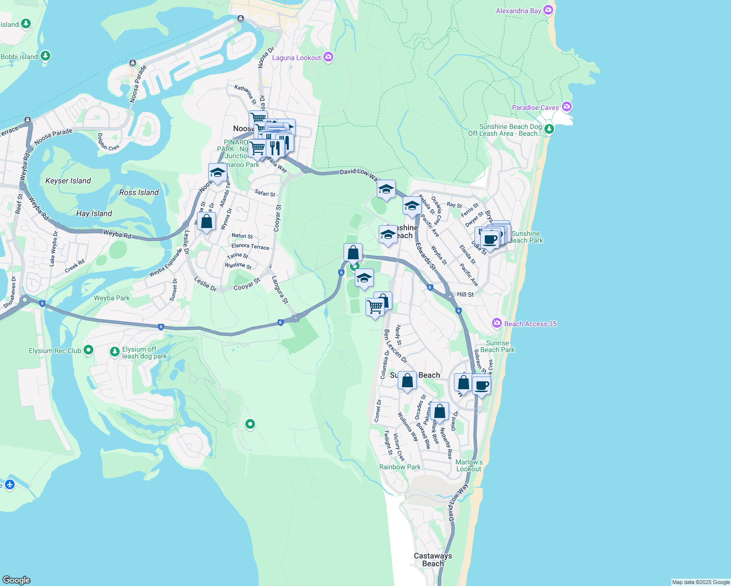 map of restaurants, bars, coffee shops, grocery stores, and more near 45 Ben Lexcen Drive in Sunshine Beach