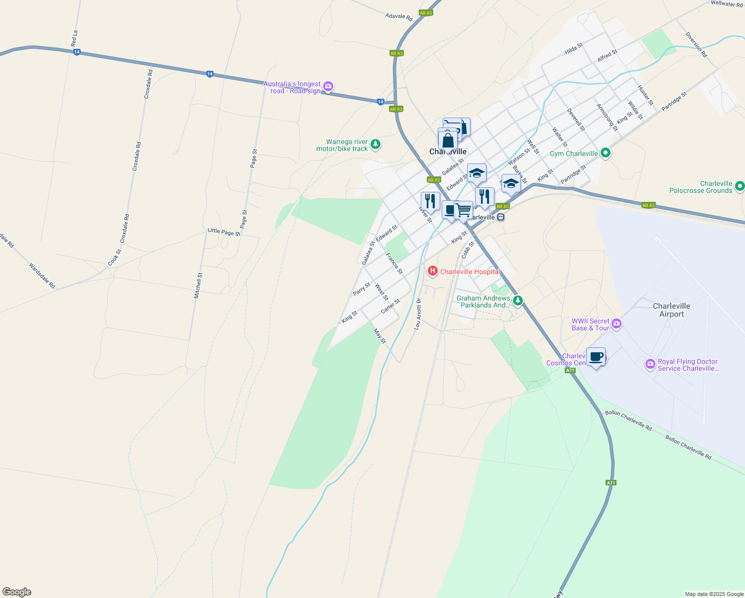 map of restaurants, bars, coffee shops, grocery stores, and more near 46 King Street in Charleville