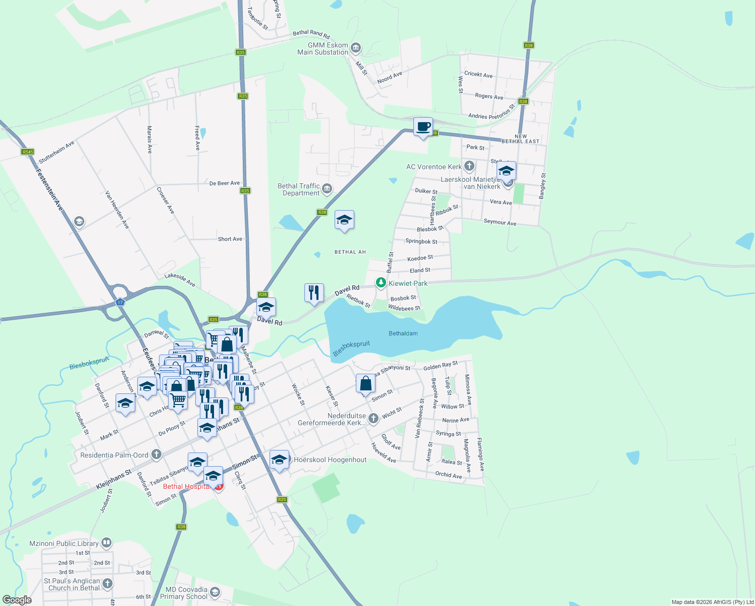 map of restaurants, bars, coffee shops, grocery stores, and more near 6 Rietbok Street in Bethal
