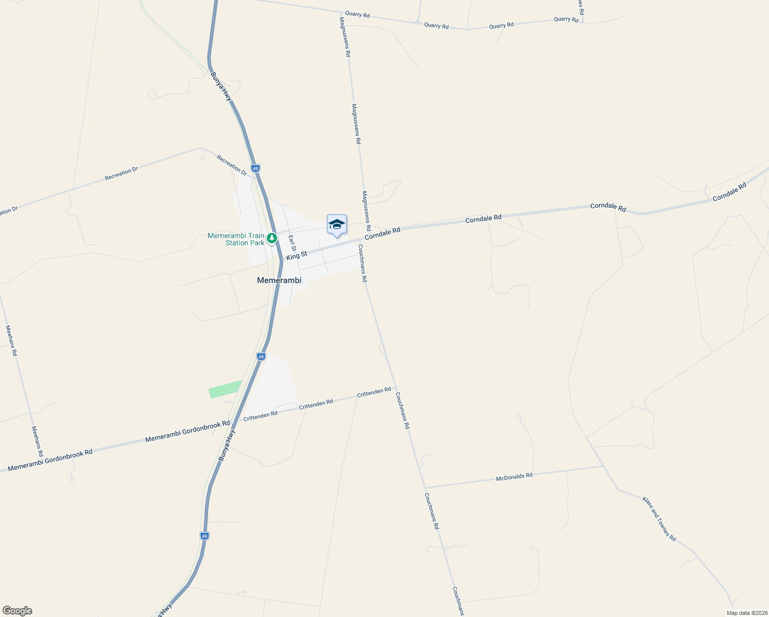 map of restaurants, bars, coffee shops, grocery stores, and more near 592 Couchmans Road in Memerambi