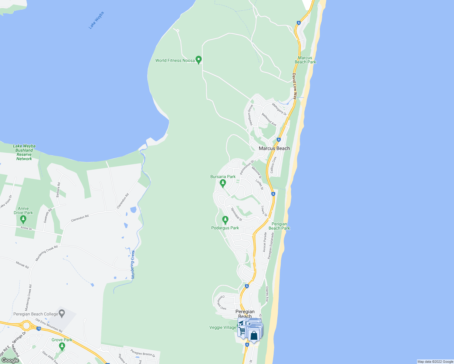 map of restaurants, bars, coffee shops, grocery stores, and more near 9 Pavonia Street in Peregian Beach