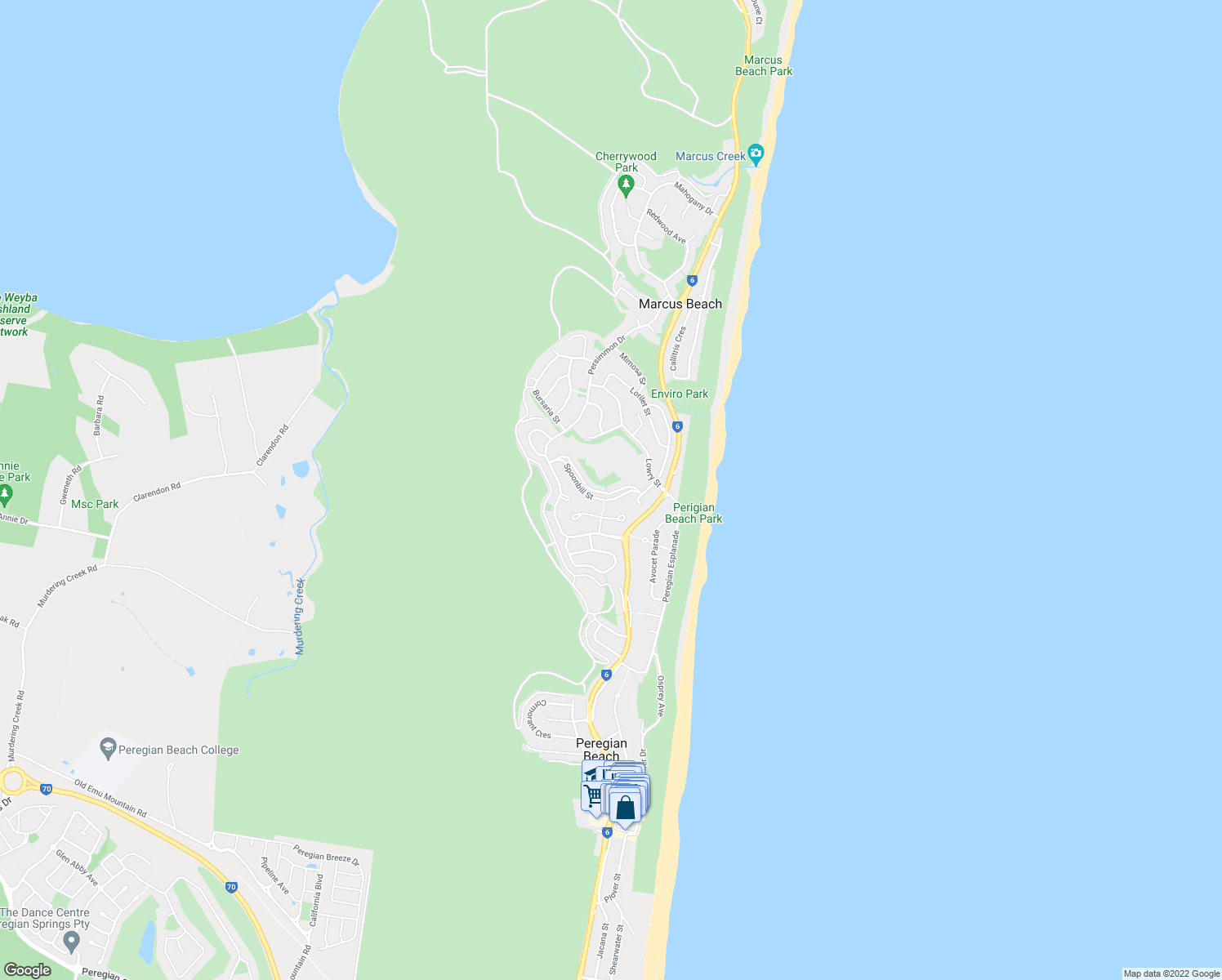 map of restaurants, bars, coffee shops, grocery stores, and more near 39 Spoonbill Street in Peregian Beach