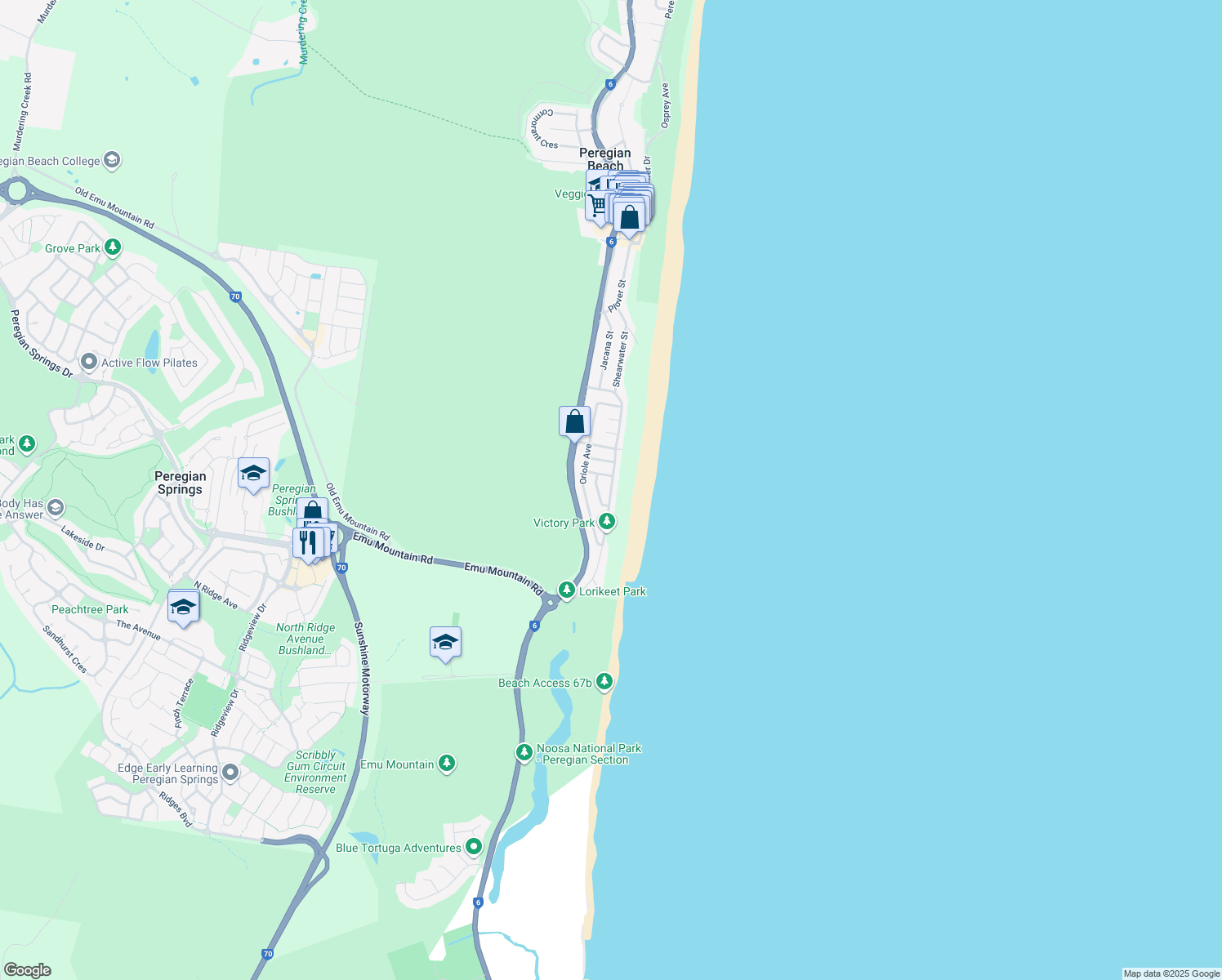 map of restaurants, bars, coffee shops, grocery stores, and more near Lorikeet Drive in Peregian Beach