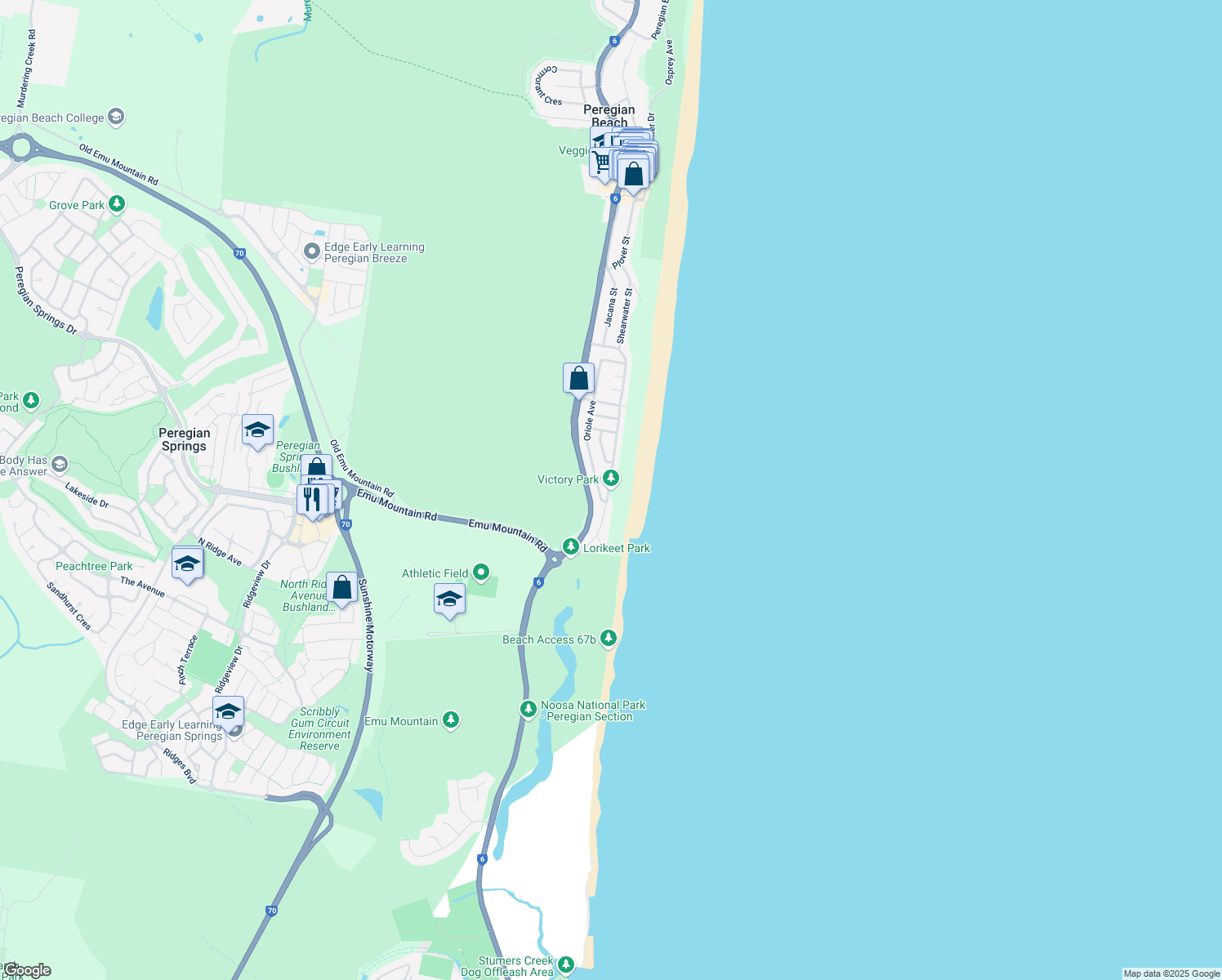 map of restaurants, bars, coffee shops, grocery stores, and more near Lorikeet Drive in Peregian Beach