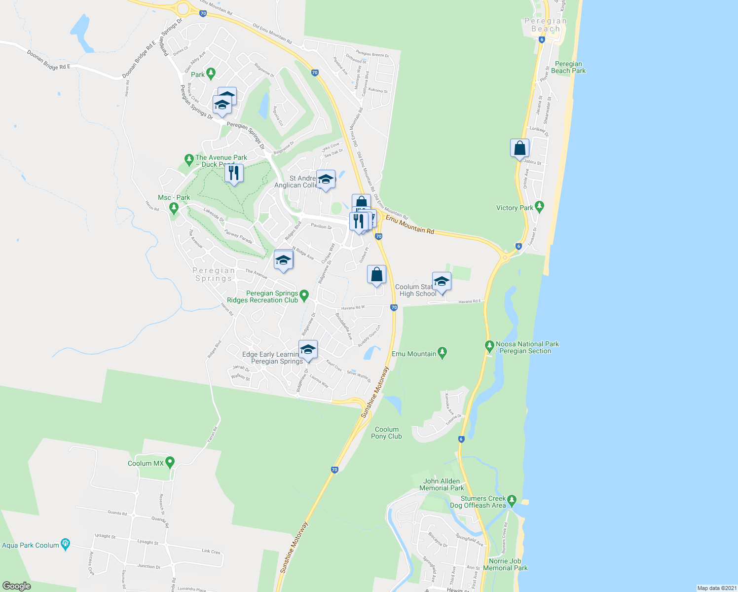 map of restaurants, bars, coffee shops, grocery stores, and more near Brushbox Way in Peregian Springs