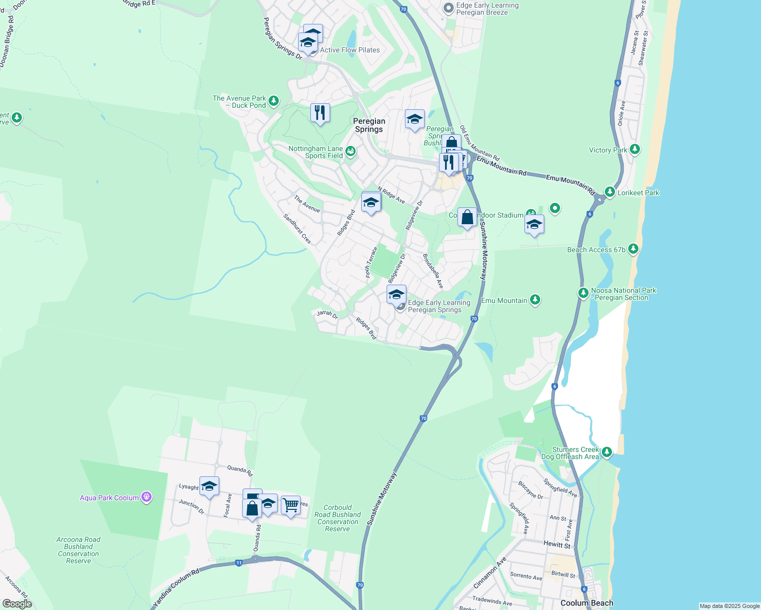 map of restaurants, bars, coffee shops, grocery stores, and more near Starling Crescent in Peregian Springs