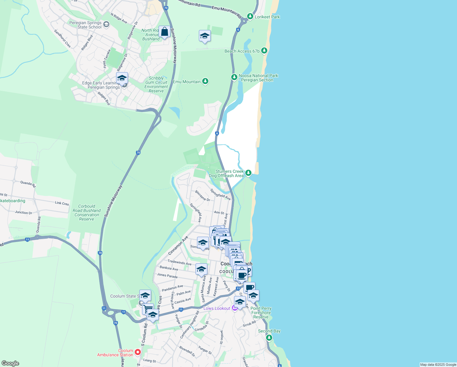 map of restaurants, bars, coffee shops, grocery stores, and more near David Low Way in Coolum Beach