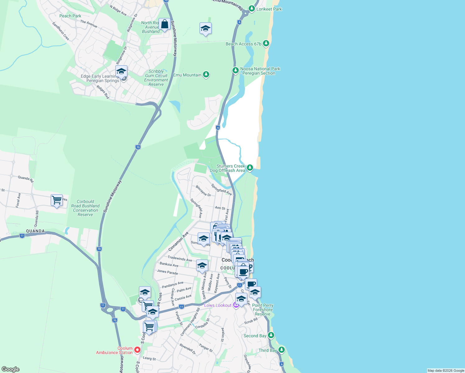 map of restaurants, bars, coffee shops, grocery stores, and more near David Low Way in Coolum Beach