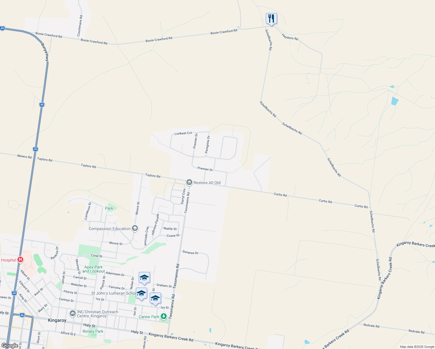 map of restaurants, bars, coffee shops, grocery stores, and more near 190-192 Premier Drive in Kingaroy