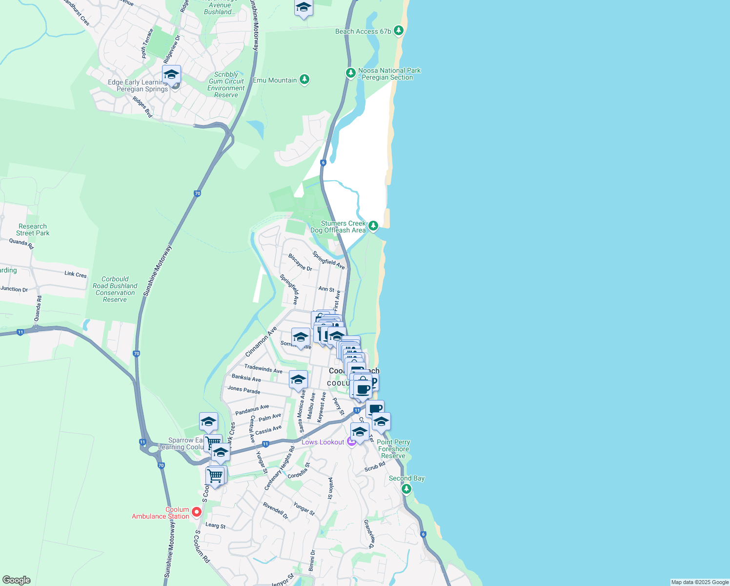 map of restaurants, bars, coffee shops, grocery stores, and more near in Coolum Beach