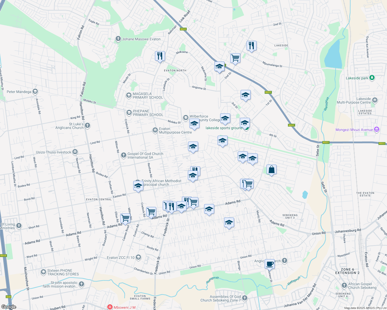 map of restaurants, bars, coffee shops, grocery stores, and more near 1367 Buffalo Road in Evaton
