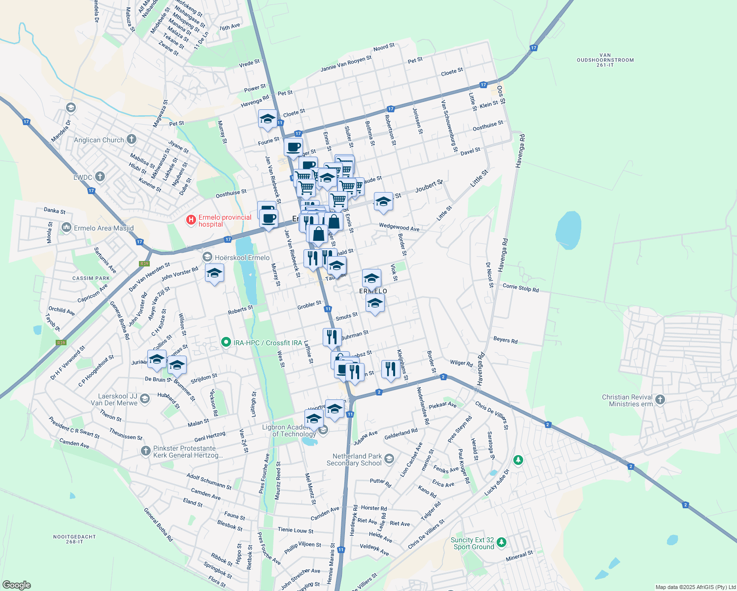 map of restaurants, bars, coffee shops, grocery stores, and more near 28 Grobler Street in Ermelo