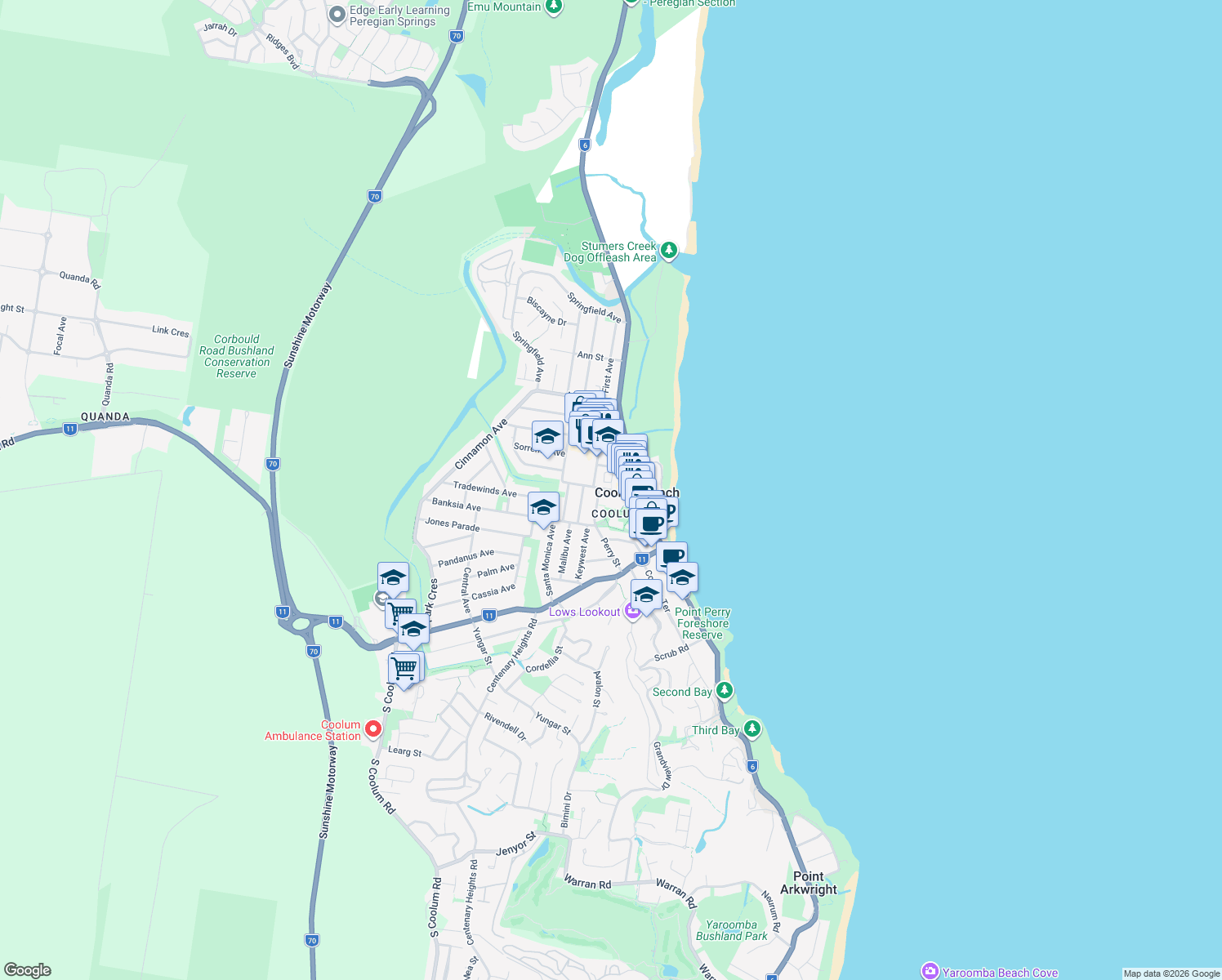 map of restaurants, bars, coffee shops, grocery stores, and more near 11 Elizabeth Street in Coolum Beach