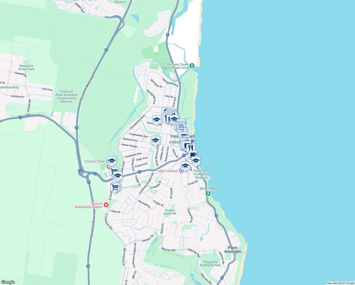 map of restaurants, bars, coffee shops, grocery stores, and more near in Coolum Beach