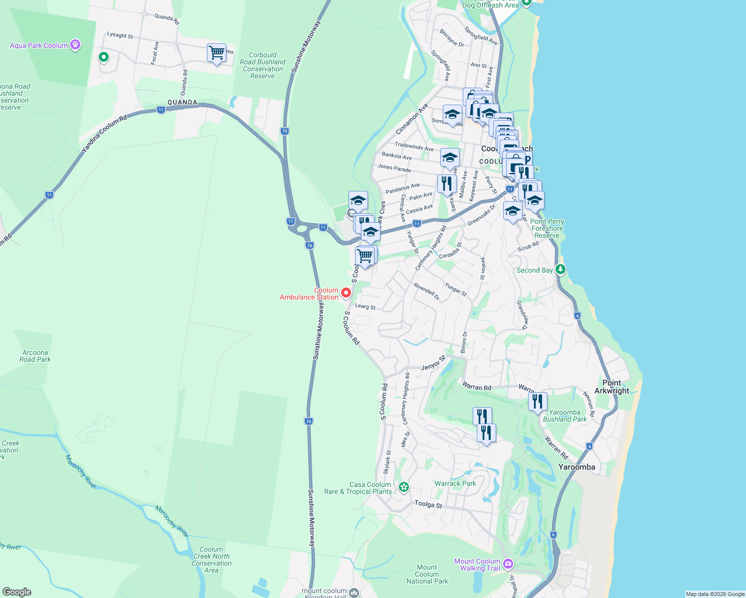 map of restaurants, bars, coffee shops, grocery stores, and more near 10 Blue Gum Court in Coolum Beach
